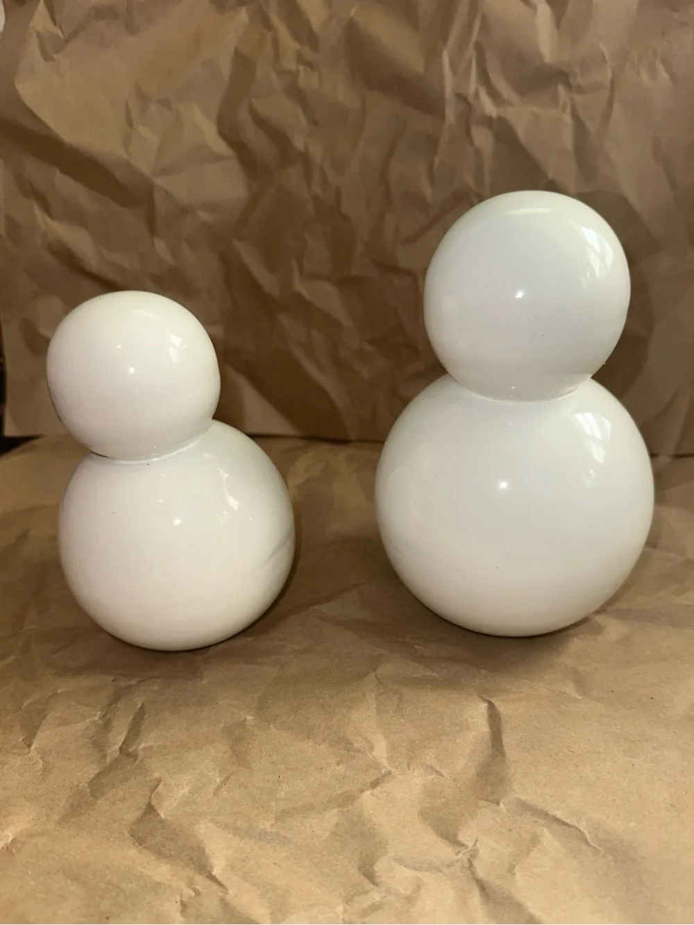 West Elm White glass/Lacquer 5” & 6”Snowman Figurines - Set of 2